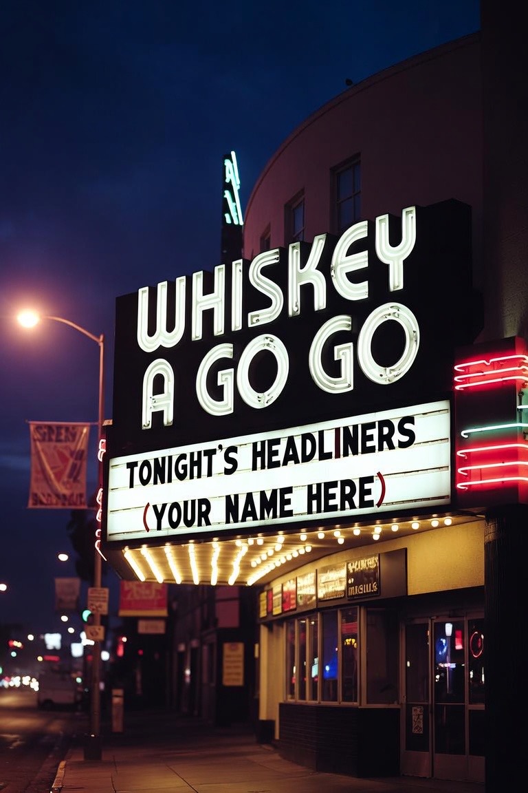 Whisky a Go Go marquee: Tonight’s Headliners, Your Name Here